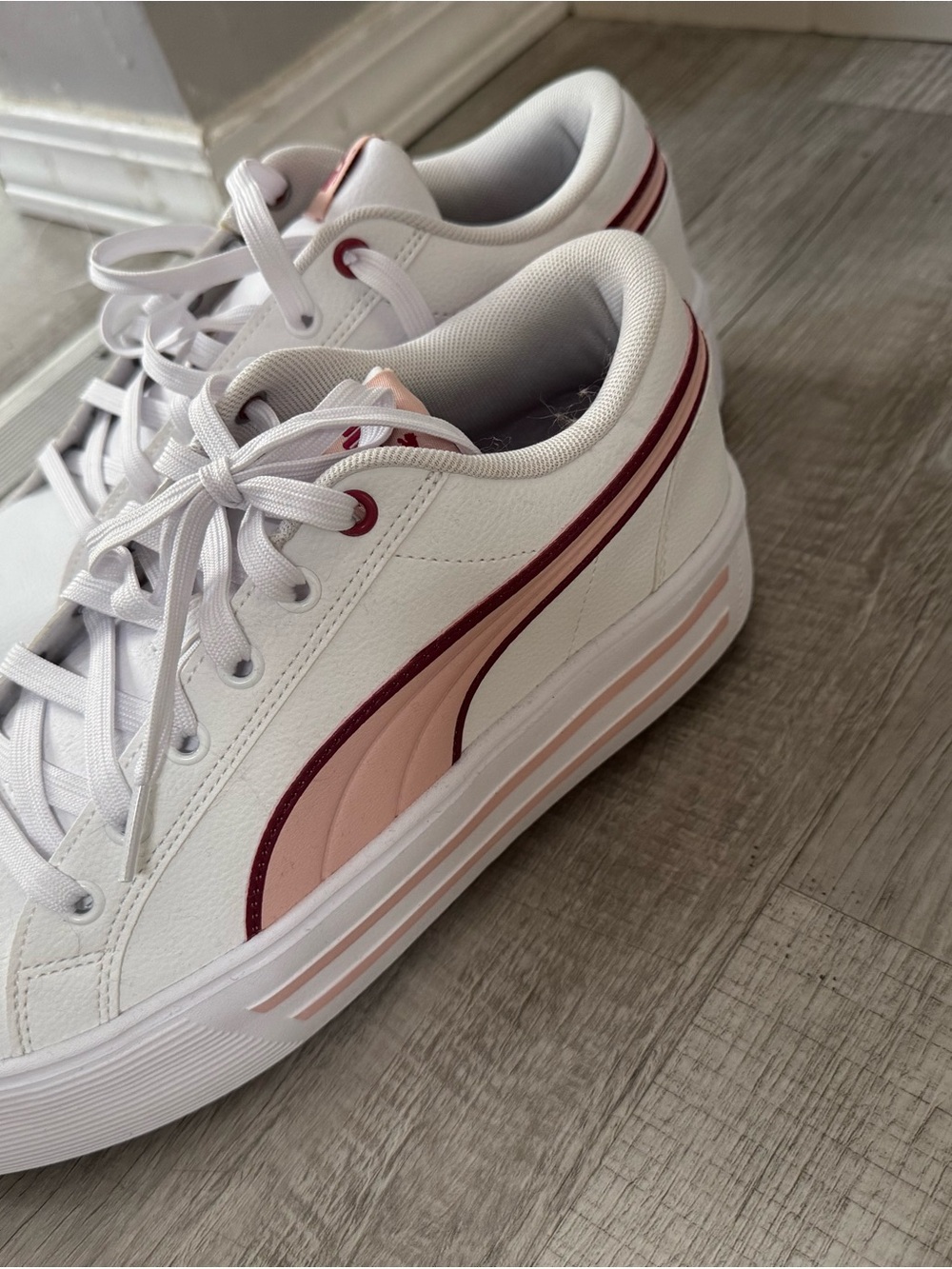Puma Women's White Sneakers with Blush and Burgundy Accents